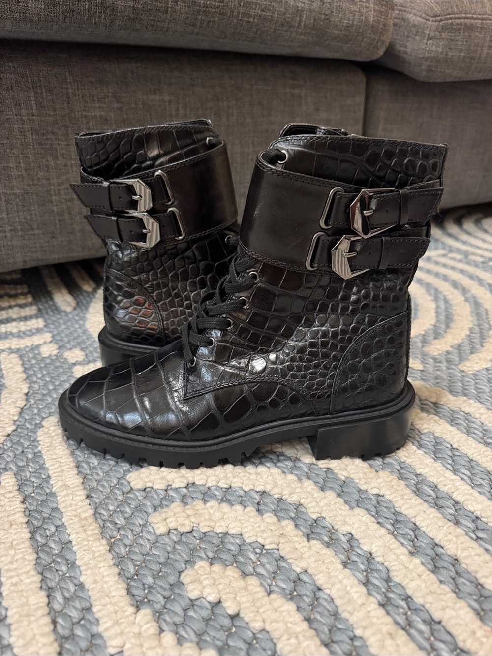 Vince Camuto Black Croc Embossed Leather Combat Boots Like New